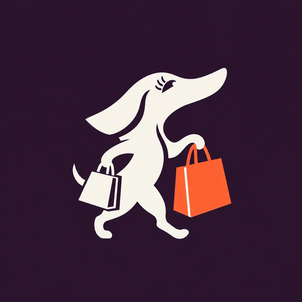 The ProBuys shopping hound: an ivory dog with long eyelashes, carrying orange and ivory shopping bags.